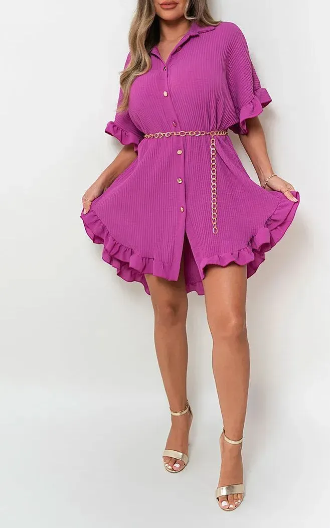 🔥🔥🔥🔥2024 STRETCH FANCY RIB BUTTON DOWN OVERSIZED RUFFLE SHORT SLEEVE MINI DRESS(BUY 2 FREE SHIPPING)