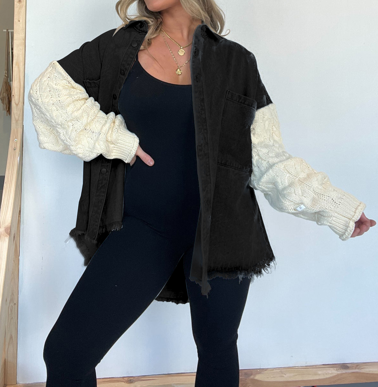 Cozy Sweater Sleeve Denim Shacket (Buy 2 Free Shipping)