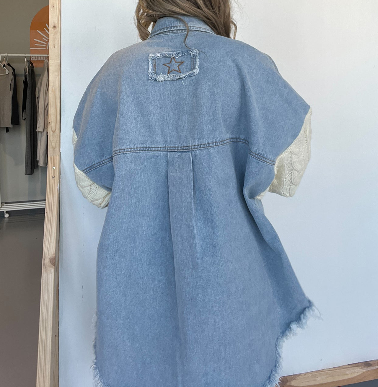 Cozy Sweater Sleeve Denim Shacket