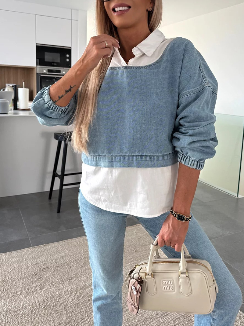 Denim fake two-piece long-sleeved shirt