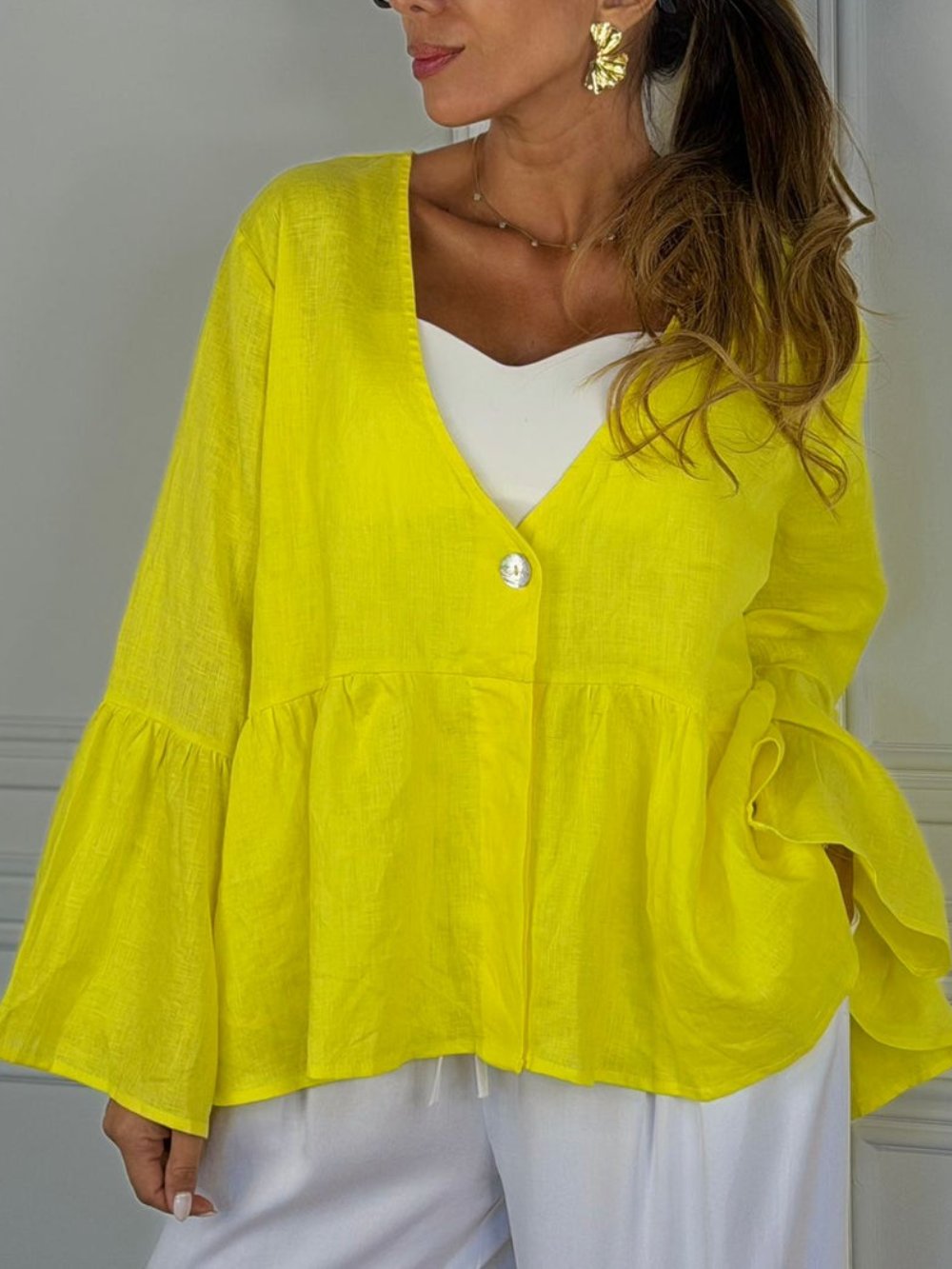 Women's French Style V-Neck Oversized Linen Blouse（buy 2 free shipping）