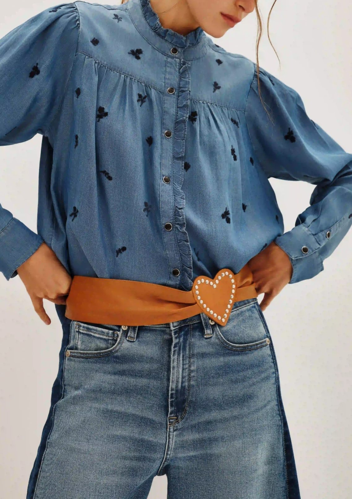 Women's long-sleeved round neck denim ruffle shirt（buy 2 free shipping)