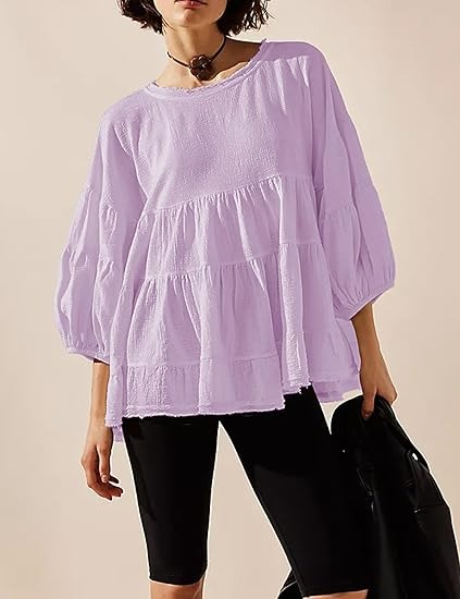 🔥HOT SALE🔥Women's Babydoll Shirts 3/4 Lantern Sleeve Peplum Tops Crewneck Loose Fit Oversized Round Neck Tunic Shirts(BUY 2 FREE SHIPPING)