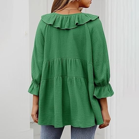 🔥HOT SALE🔥3/4 Sleeve Tee Round Neck Tie Front Layered Ruffle Shirt(BUY 2 FREE SHIPPING)