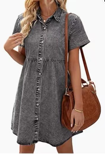 (2026 Spring/Summer) Women's Short Sleeve Button Down Flowy Tiered Babydoll Denim Dress（Buy 2 Free Shipping）