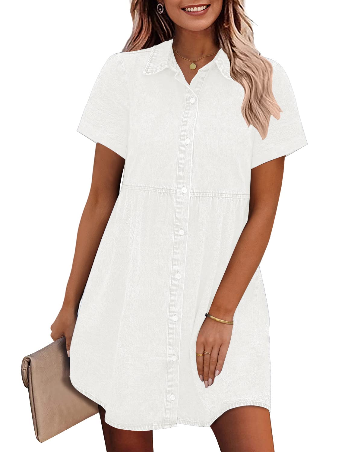 (2026 Spring/Summer) Women's Short Sleeve Button Down Flowy Tiered Babydoll Denim Dress（Buy 2 Free Shipping）