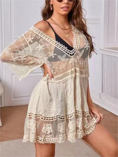 Women's V-neck lace embroidered sun protection bikini swimsuit beach cover-up（BUY 2 FREE SHIPPING)