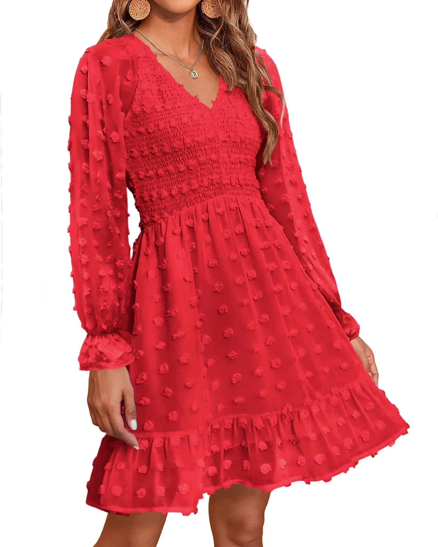 🔥🔥🔥🔥Women's V Neck Casual Smocked Swiss Dot Swing Ruffle Mini Dress