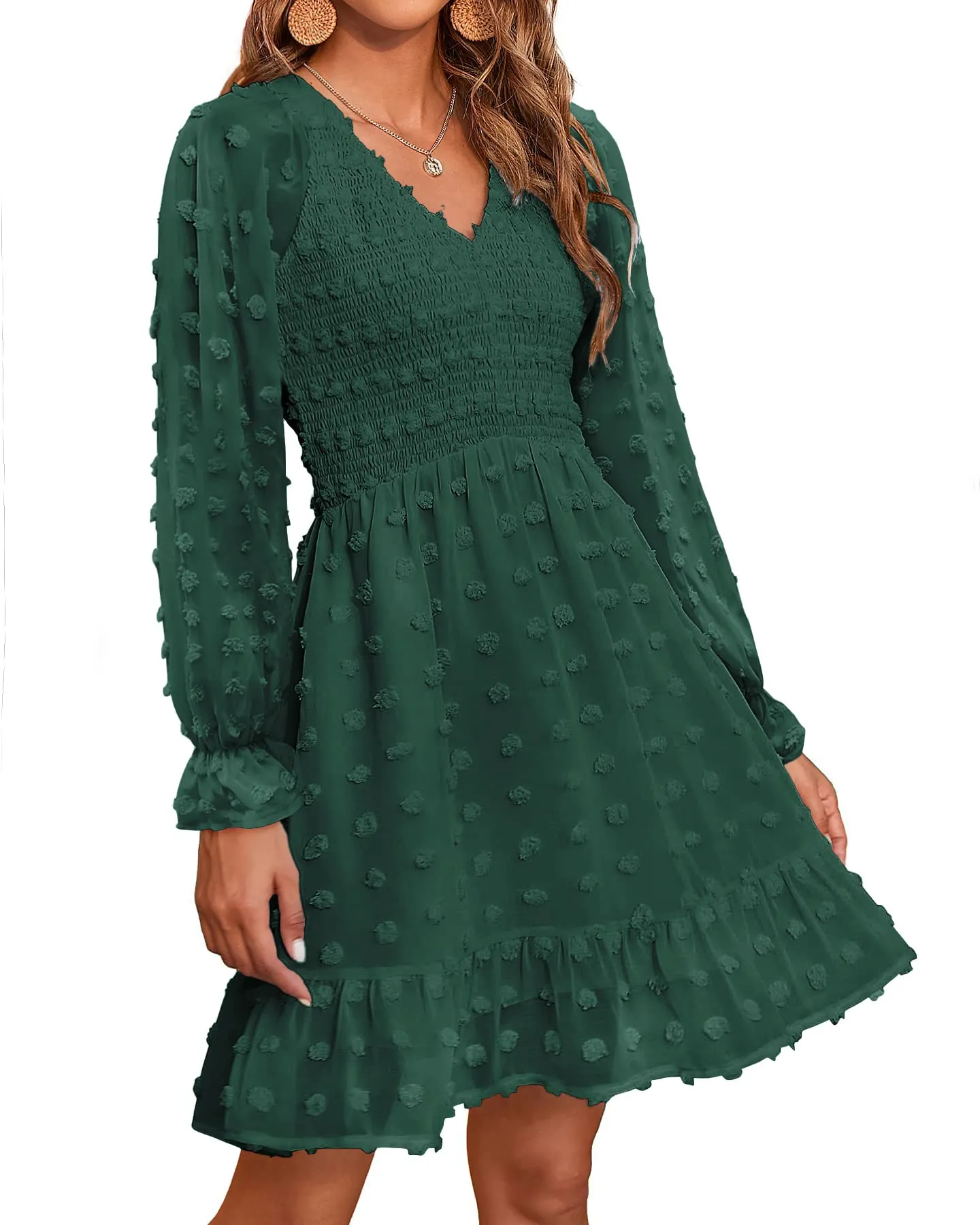 🔥🔥🔥🔥Women's V Neck Casual Smocked Swiss Dot Swing Ruffle Mini Dress