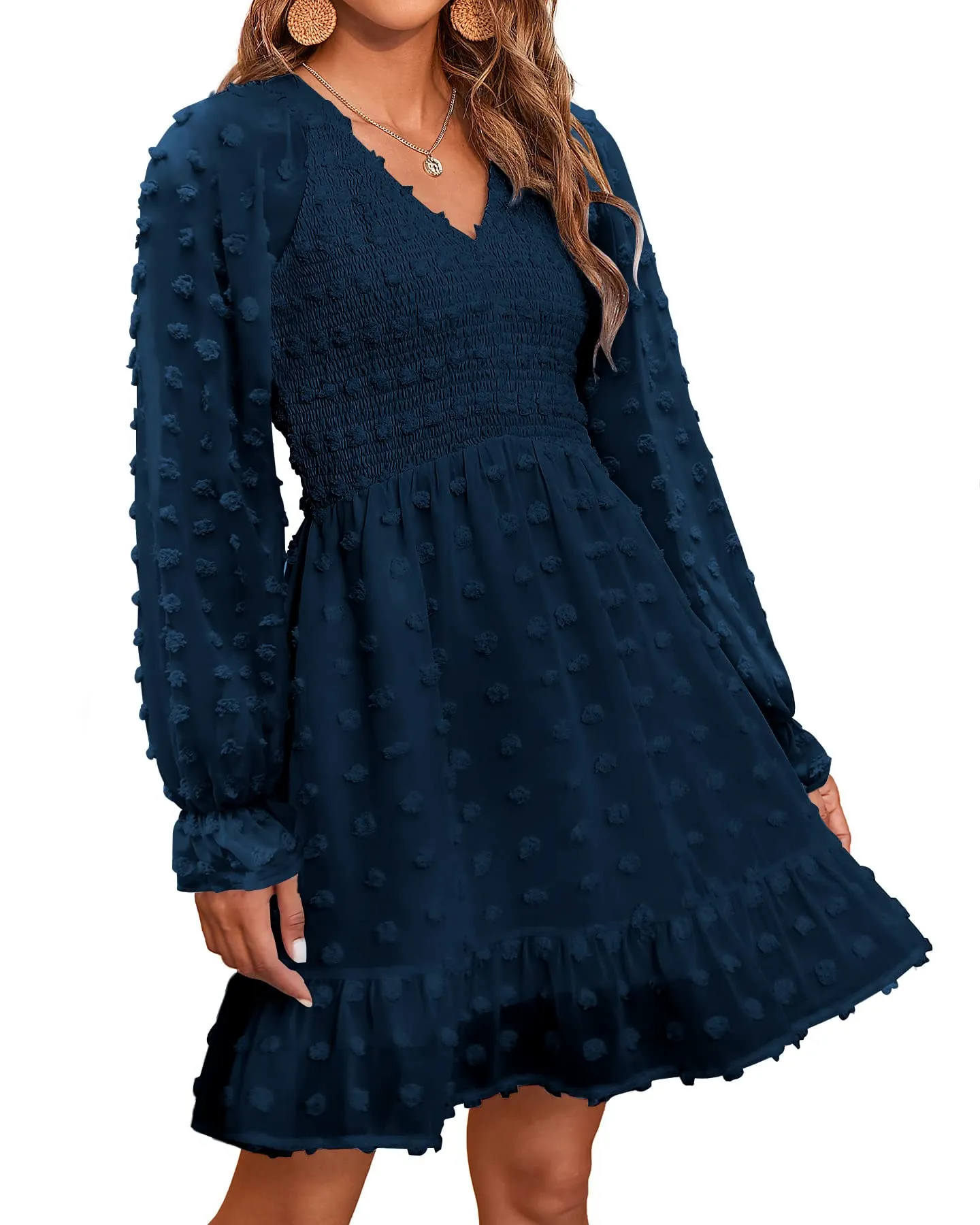 🔥🔥🔥🔥Women's V Neck Casual Smocked Swiss Dot Swing Ruffle Mini Dress