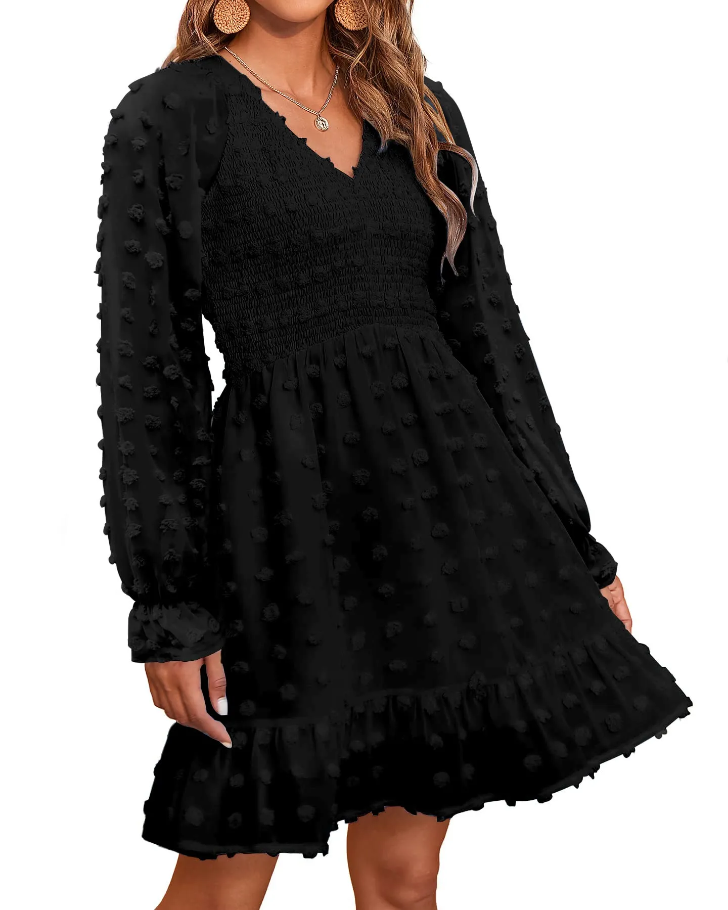🔥🔥🔥🔥Women's V Neck Casual Smocked Swiss Dot Swing Ruffle Mini Dress