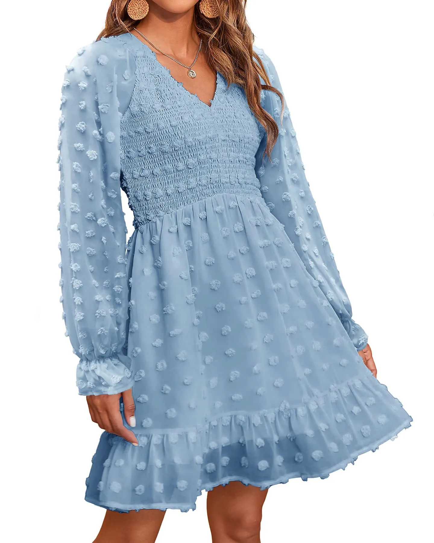 🔥🔥🔥🔥Women's V Neck Casual Smocked Swiss Dot Swing Ruffle Mini Dress