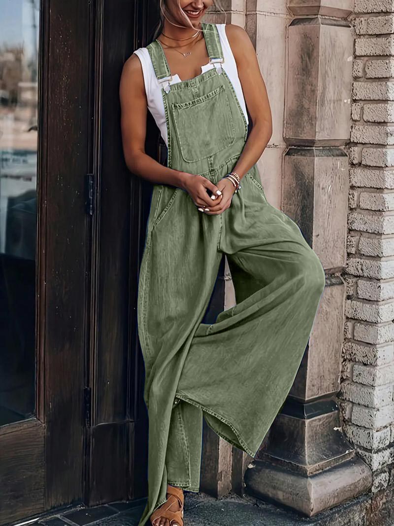 Women Casual Jumpsuits Adjustable Straps Oversized Denim Overall Wide Leg Rompers with Pockets(buy 2 free shipping)