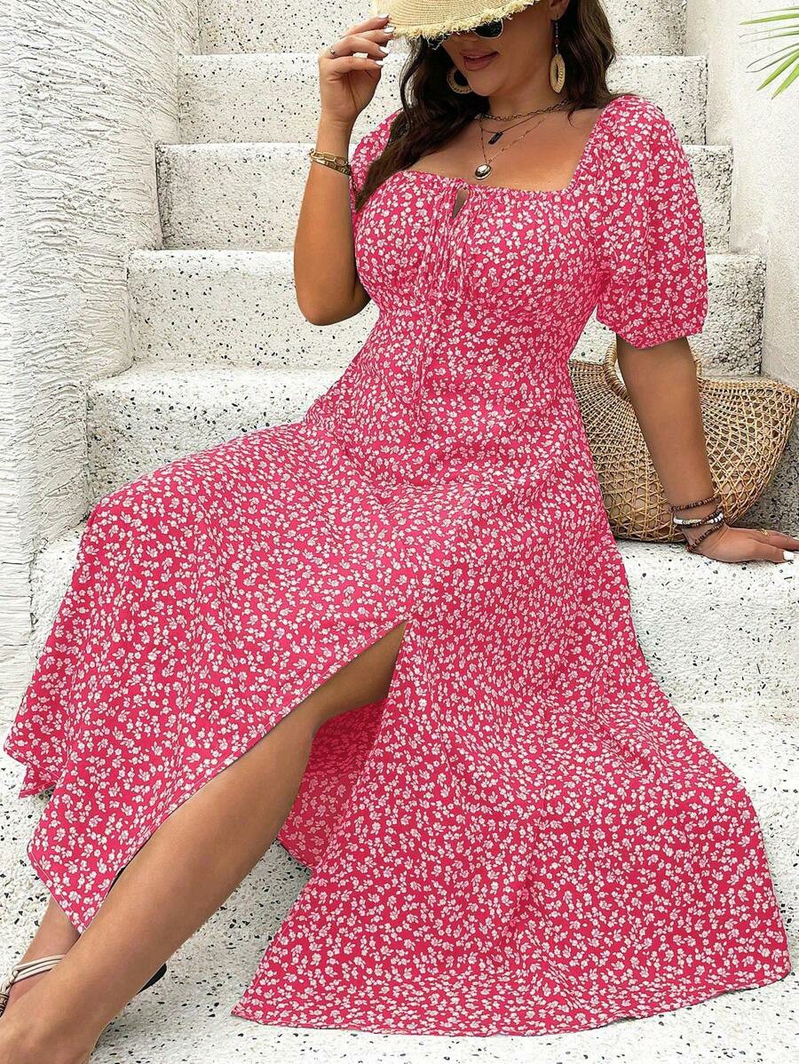 Women's Summer Plus Size Boho Casual Floral High Slit Dress (BUY 2 FREE SHIPPING))