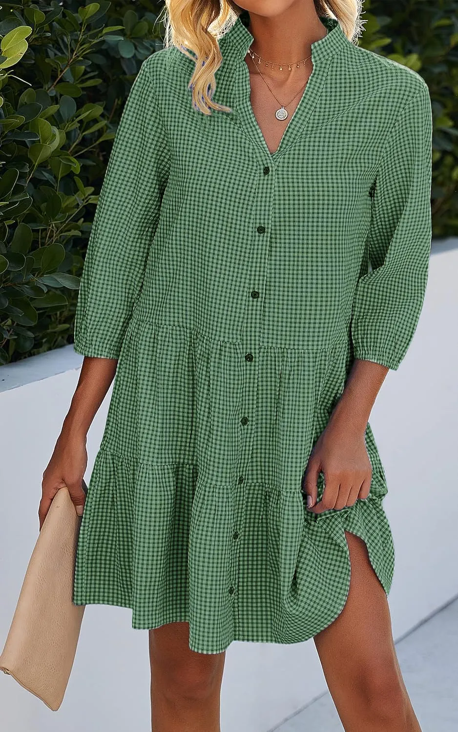 Women's Button Down 3/4 Sleeve Gingham Shirt Dress
