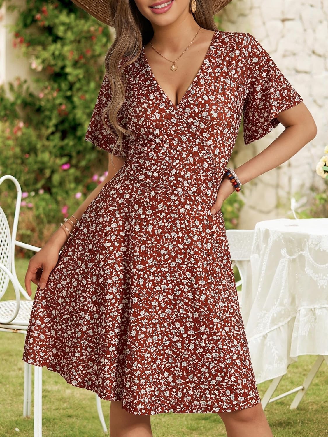 Womens Sundress Summer Floral Short Sleeve Wrap V Neck A-Line Midi Dress（BUY 2 FREE SHIPPING)