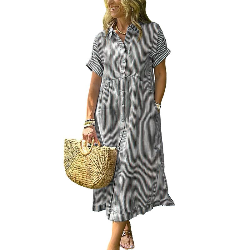 Women's summer striped midi button-down shirt dress（BUY 2 FREE SHIPPING)