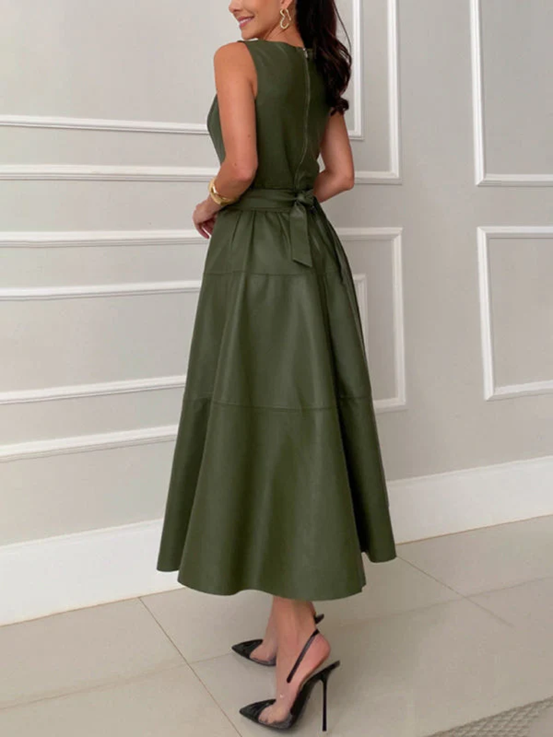 Sleeveless Fitted Leather Belted Solid Color Midi Dress(BUY 2 FREE SHIPPING)