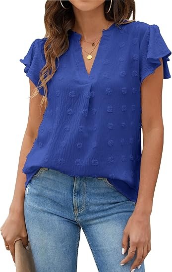 🔥HOT SALE🔥Womens White Blouse V Neck Ruffle Sleeve Flowy Shirts Dressy Casual Cute Summer Tops(BUY 3 GET FREE SHIPPING)