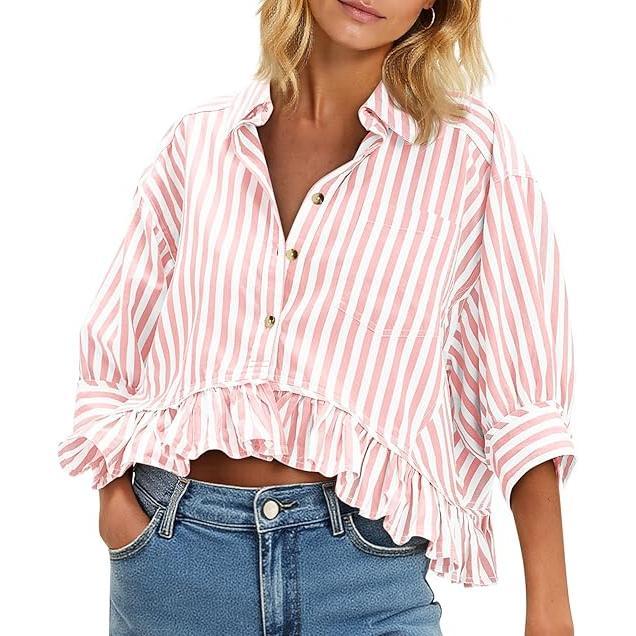 Women’s Cropped Striped Button Down Shirts Ruffle 3/4 Length Sleeve Summer Tops Dressy Casual Blouses(BUY 2 FREE SHIPPING)