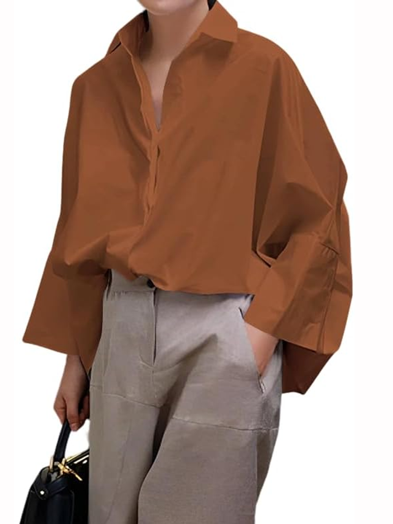 Long Sleeves Loose Light weight Solid Color Lapel Collar Blouses&Shirts Tops(BUY 2 FREE SHIPPING)
