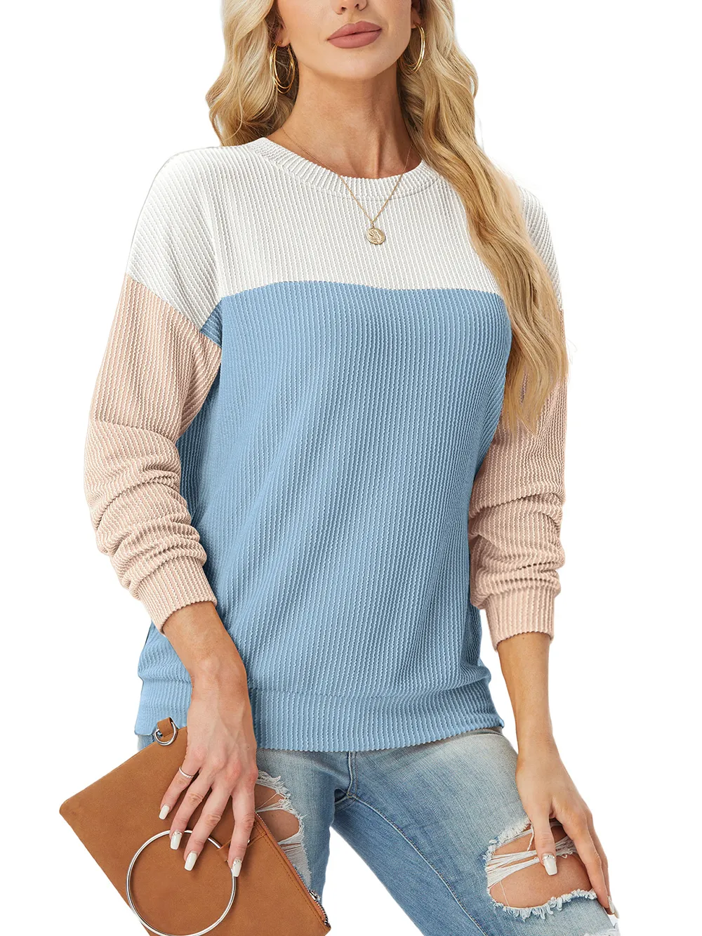 🔥🔥🔥🔥Women's Crewneck Color Block Ribbed Tops