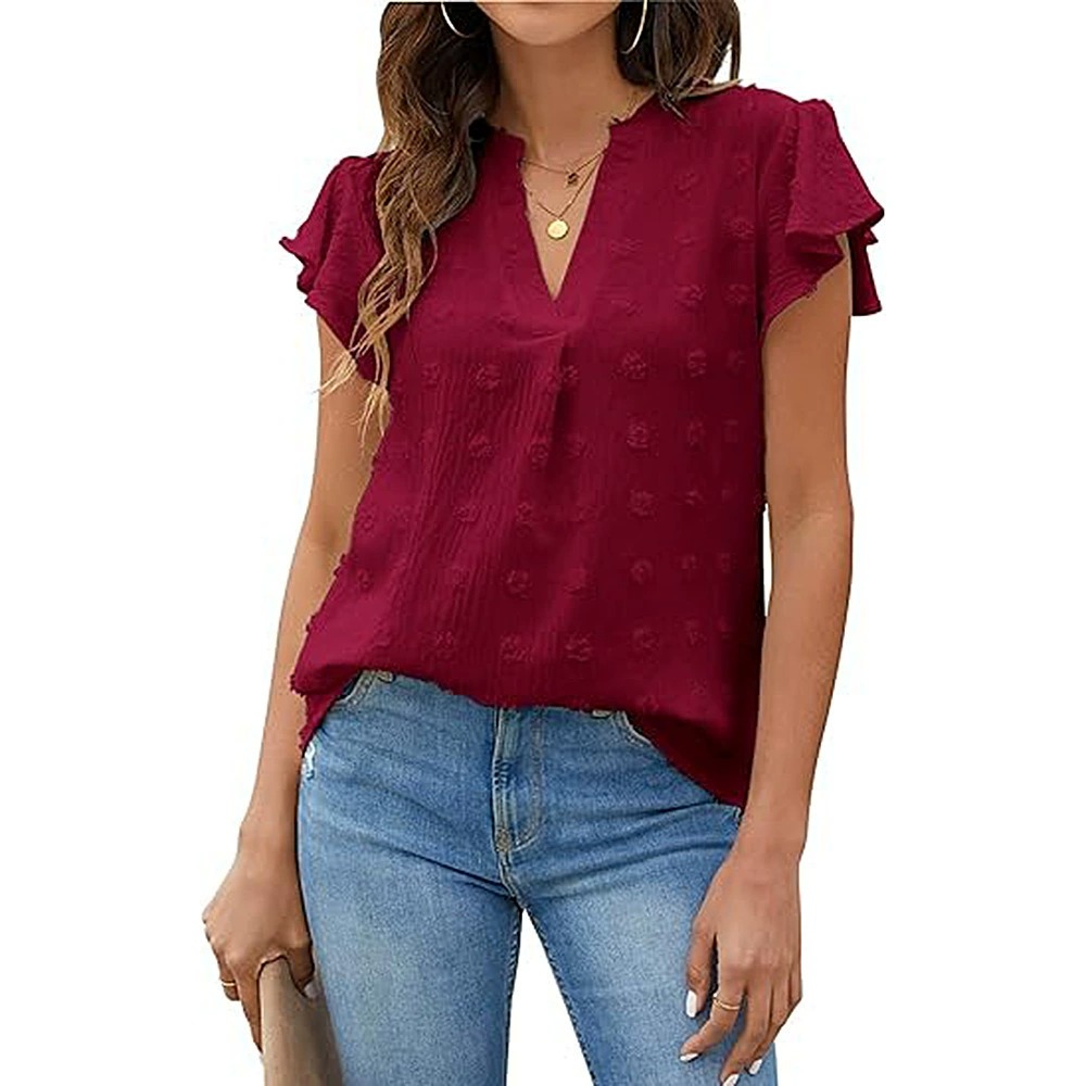 🔥HOT SALE🔥Womens White Blouse V Neck Ruffle Sleeve Flowy Shirts Dressy Casual Cute Summer Tops(BUY 3 GET FREE SHIPPING)