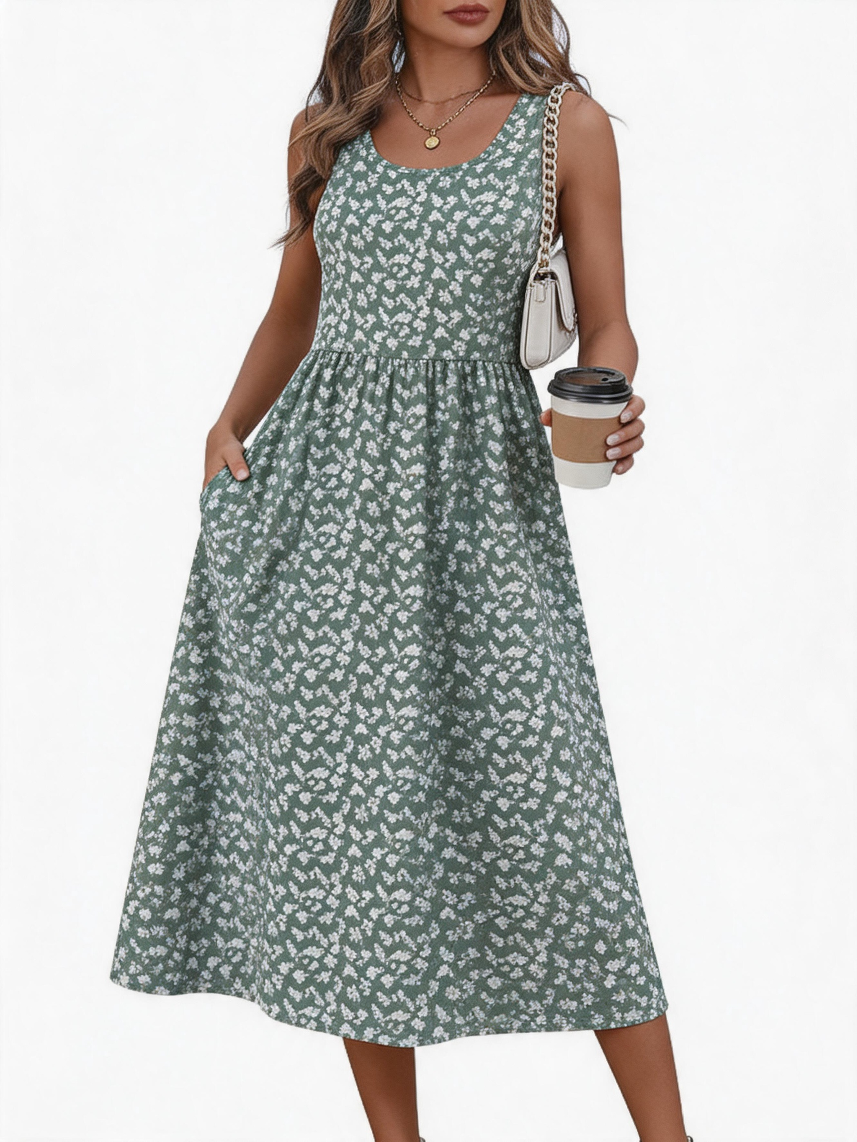Women's Sleeveless Printed Flowy Dress With Pockets