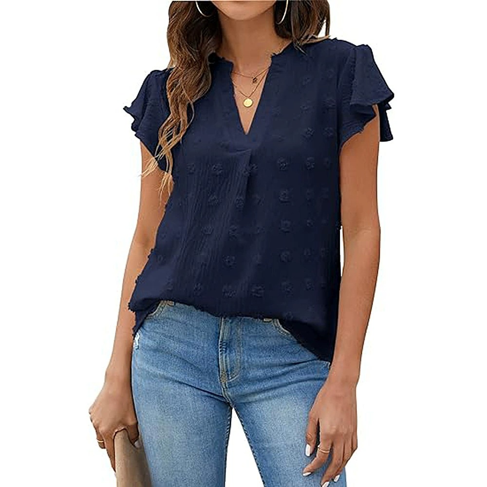 🔥HOT SALE🔥Womens White Blouse V Neck Ruffle Sleeve Flowy Shirts Dressy Casual Cute Summer Tops(BUY 3 GET FREE SHIPPING)