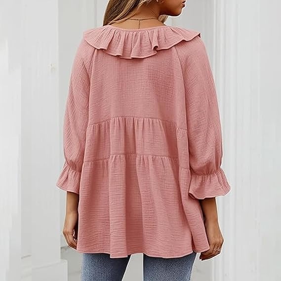 🔥HOT SALE🔥3/4 Sleeve Tee Round Neck Tie Front Layered Ruffle Shirt(BUY 2 FREE SHIPPING)