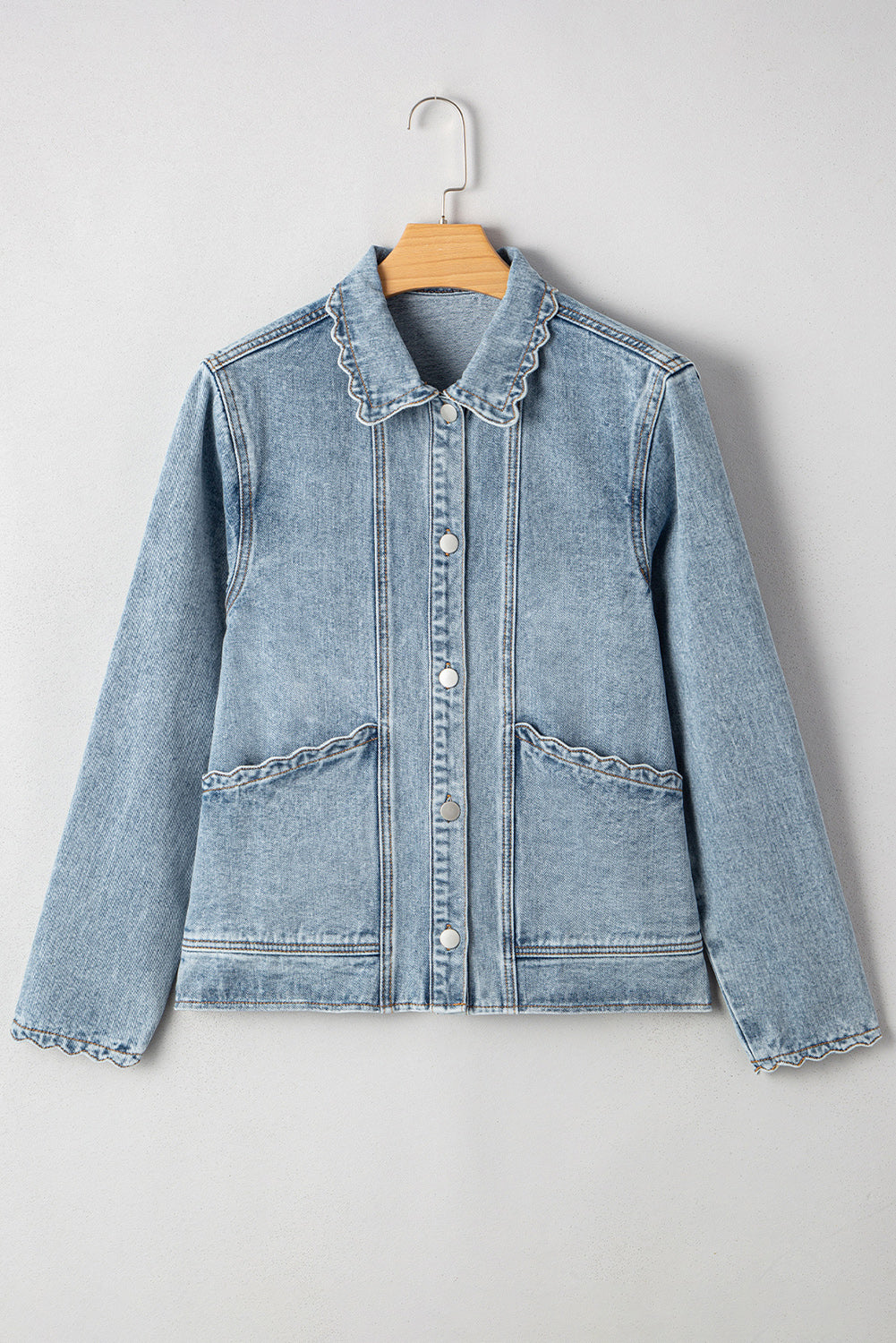 Washed Denim Jacket with Scalloped Edge