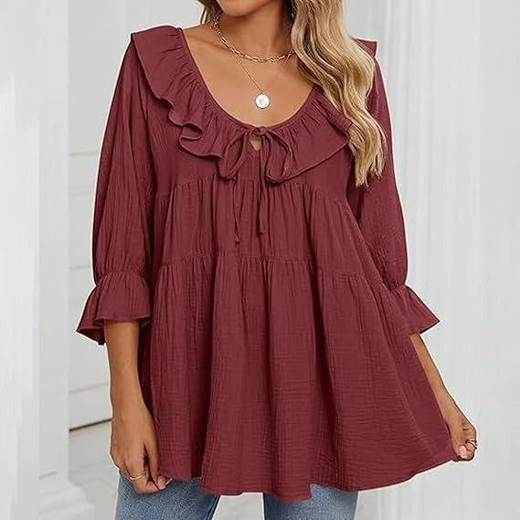 🔥HOT SALE🔥3/4 Sleeve Tee Round Neck Tie Front Layered Ruffle Shirt(BUY 2 FREE SHIPPING)