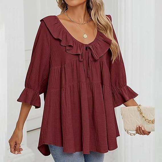 🔥HOT SALE🔥3/4 Sleeve Tee Round Neck Tie Front Layered Ruffle Shirt(BUY 2 FREE SHIPPING)
