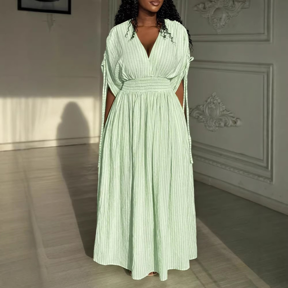 Women's Striped V-Neck Smocked Waist Maxi Dress