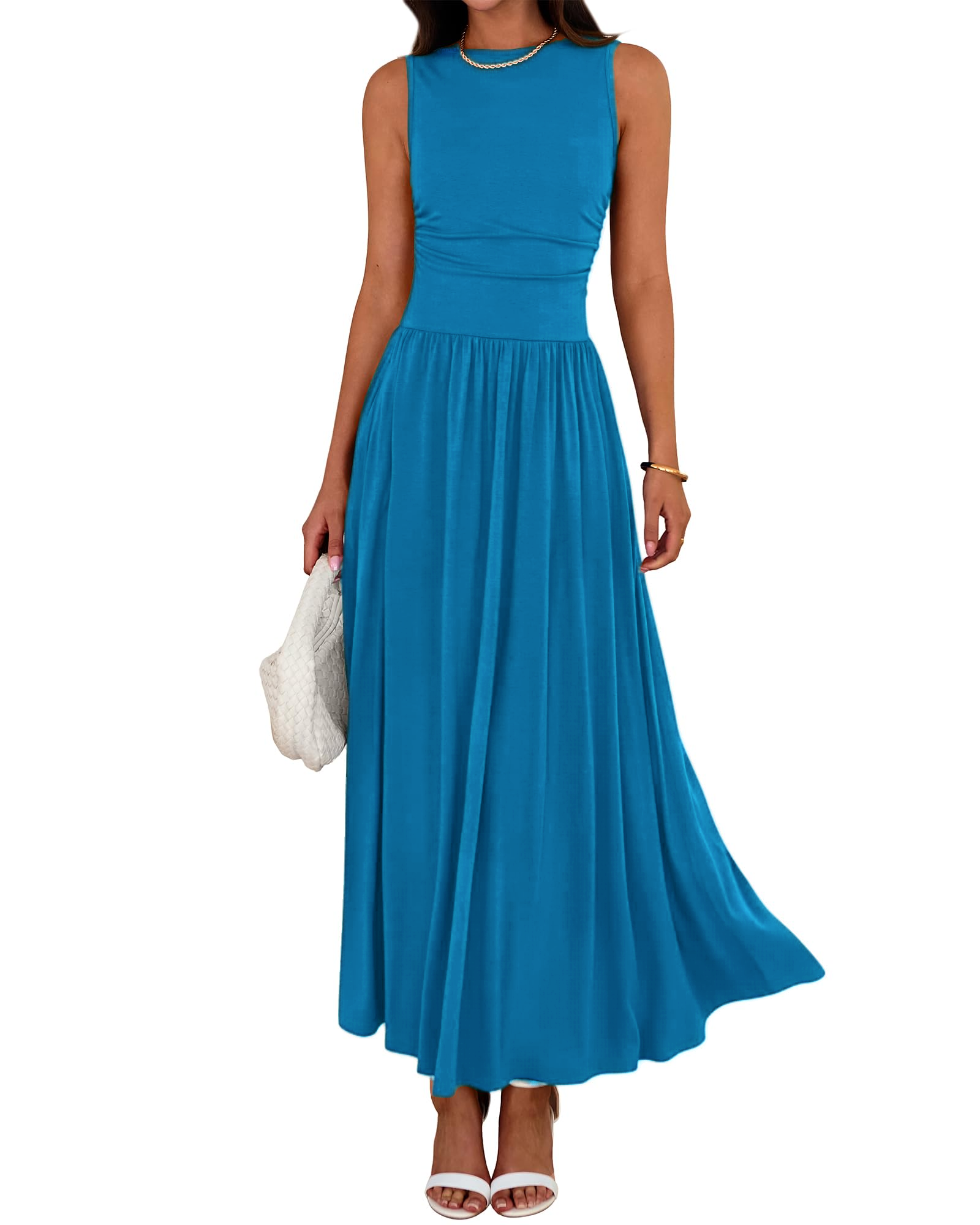 Women's Solid Color Sleeveless Waist Pleated Design Dress with Pockets
