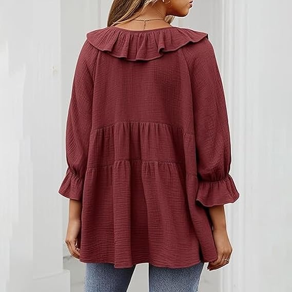 🔥HOT SALE🔥3/4 Sleeve Tee Round Neck Tie Front Layered Ruffle Shirt(BUY 2 FREE SHIPPING)