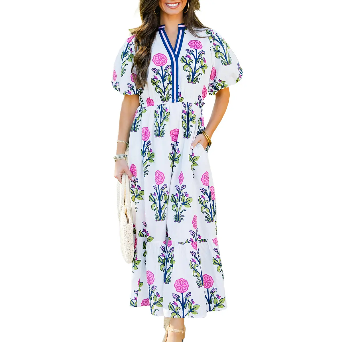 Womens Dresses Floral Puff Short Sleeve V Neck High Waist Maxi Dress with Pockets（Buy 2 Free Shipping）