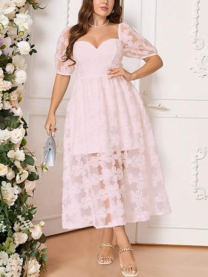 Women's Floral Embroidered Sweetheart Neck Midi Dress