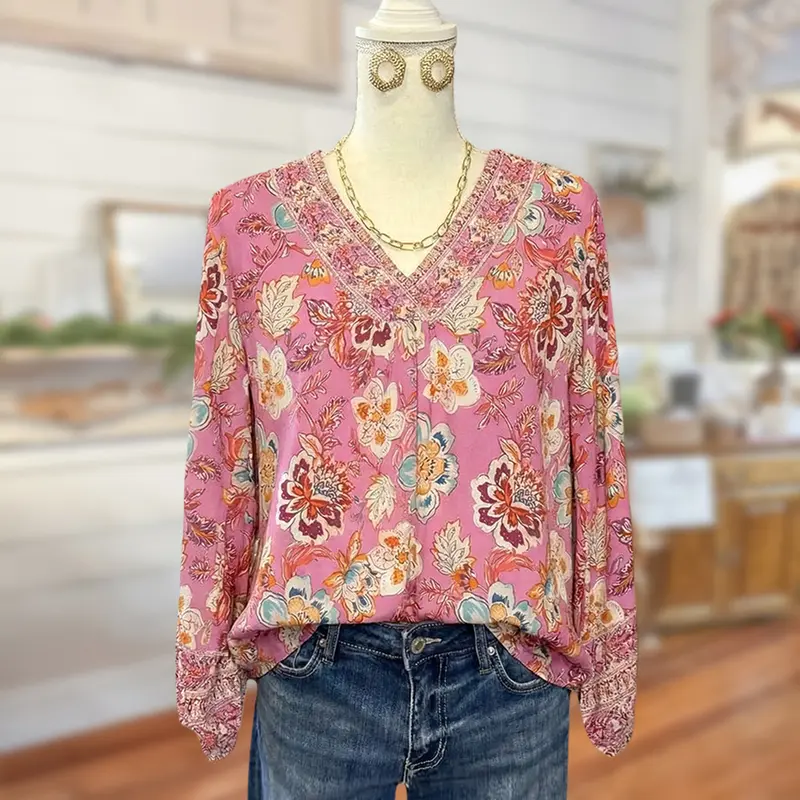 Women's floral print V-neck long puff-sleeved shirt（buy 2 free shipping）