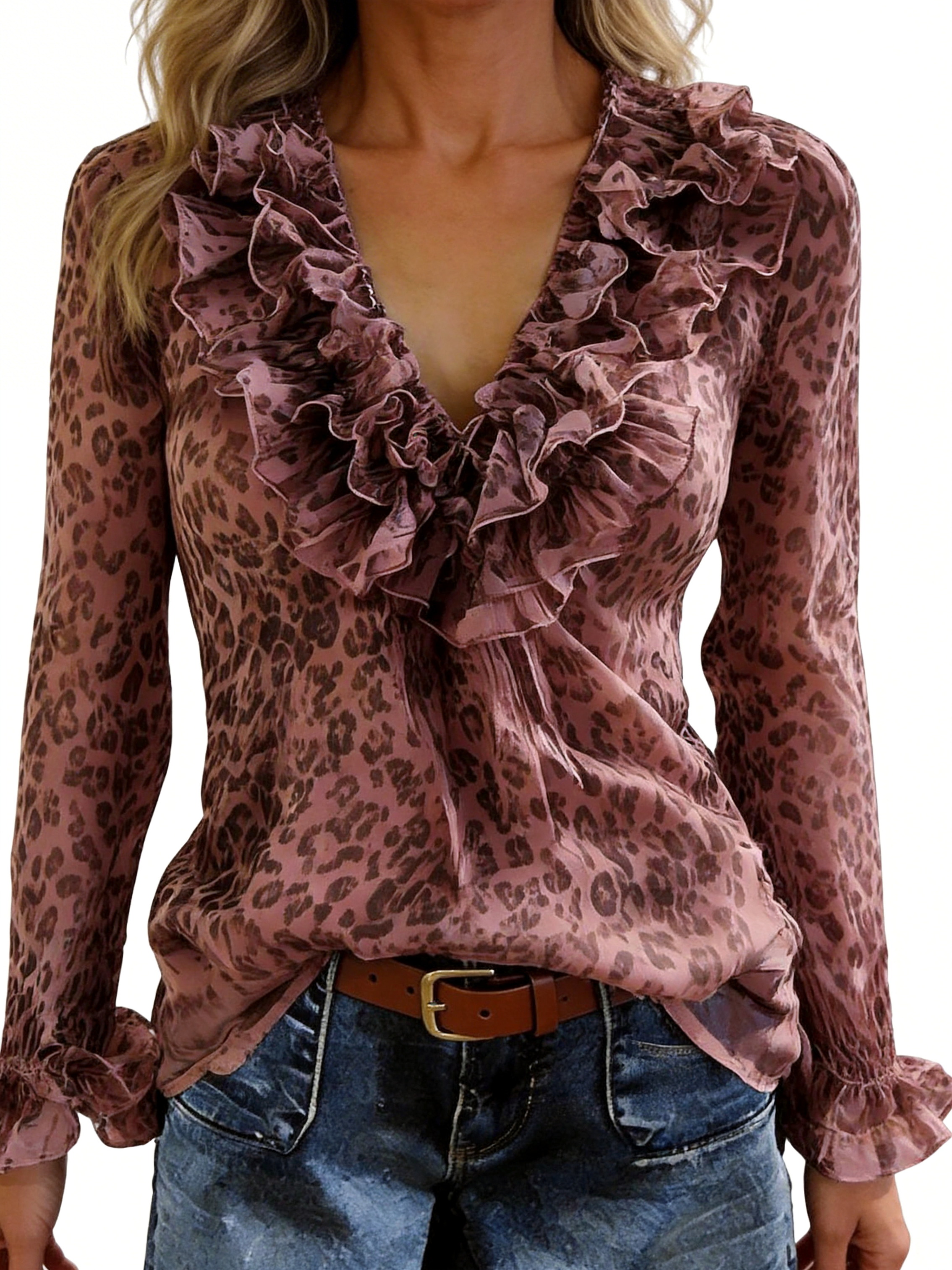 Leopard Print Ruffle Neck Long Sleeve Blouse