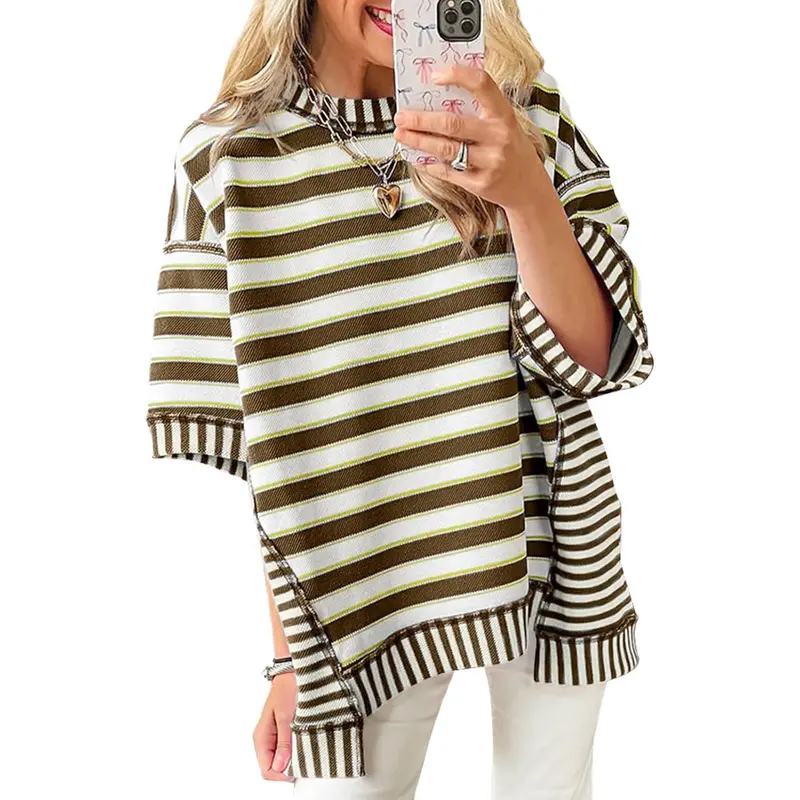 Women's loose striped shirt, summer short-sleeved top, crew neck sweatshirt, casual shirt（BUY 2 FREE SHIPPING)