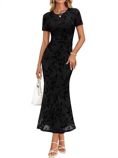 Women's Floral Mesh Short Sleeve Maxi Dress