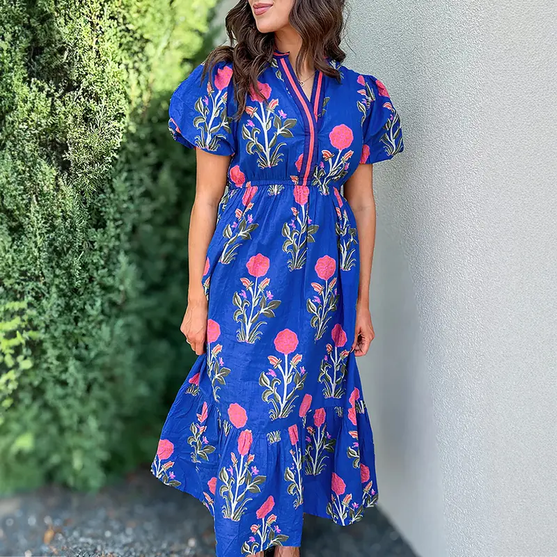 Womens Dresses Floral Puff Short Sleeve V Neck High Waist Maxi Dress with Pockets（Buy 2 Free Shipping）