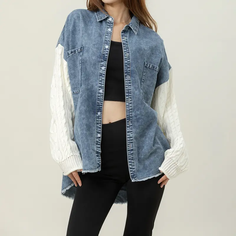 Midiross Essential Cozy Sweater Sleeve Denim Shacket | Buy 2 Get Free Shipping