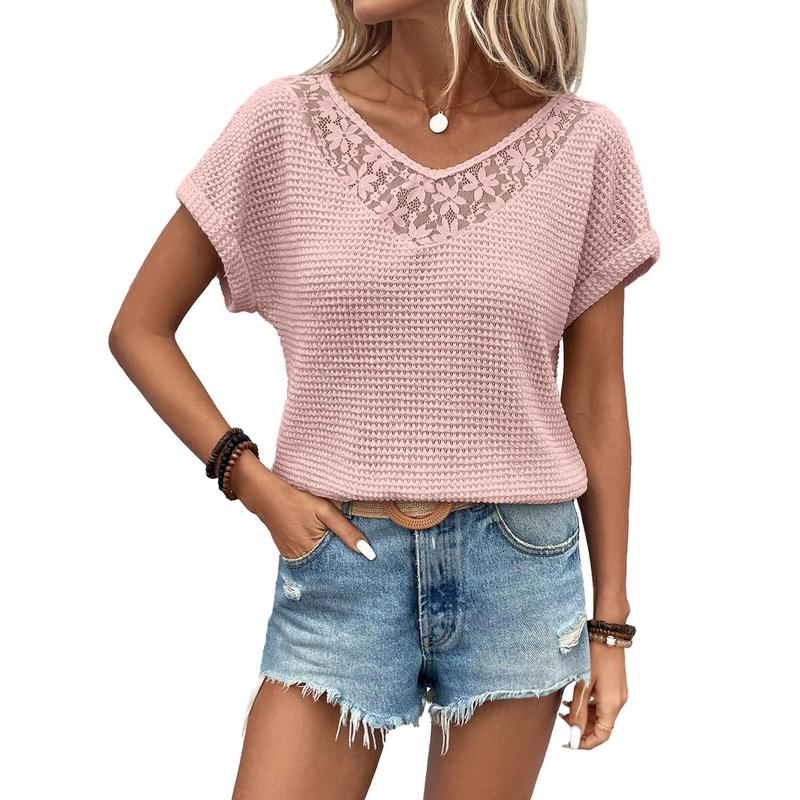 Women's Casual 2026 Waffle Knit Hollow Out Lace Tops Short Sleeve V Neck Loose Fit Shirts Blouses