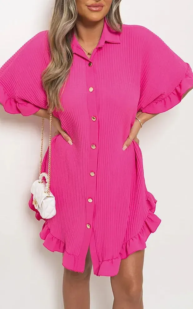 🔥🔥🔥🔥2024 STRETCH FANCY RIB BUTTON DOWN OVERSIZED RUFFLE SHORT SLEEVE MINI DRESS(BUY 2 FREE SHIPPING)