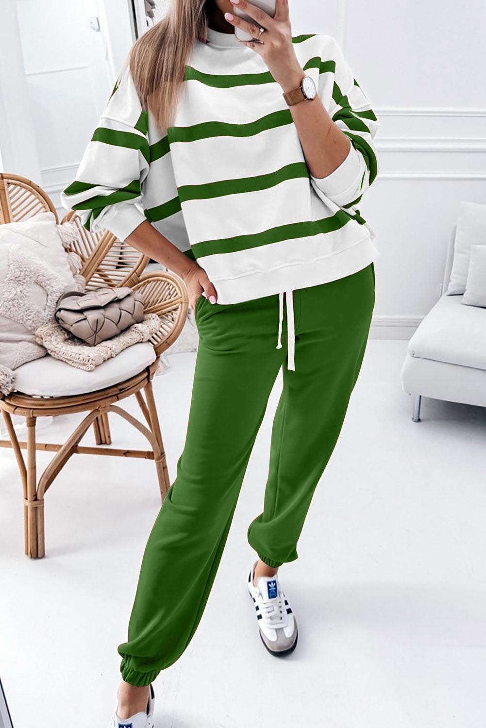 Women's Stripe Drop Shoulder Pullover and Jogger Pants Set