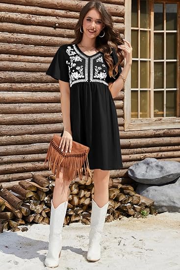 Womens Dresses Casual V Neck Boho Floral Short Sleeve Babydoll Mini Dress