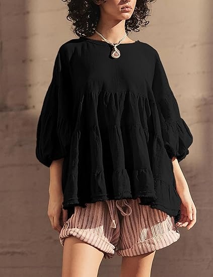 🔥HOT SALE🔥Women's Babydoll Shirts 3/4 Lantern Sleeve Peplum Tops Crewneck Loose Fit Oversized Round Neck Tunic Shirts(BUY 2 FREE SHIPPING)