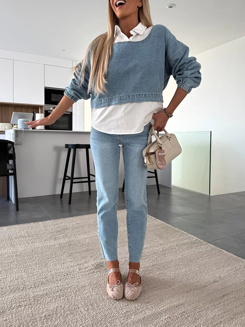Denim fake two-piece long-sleeved shirt